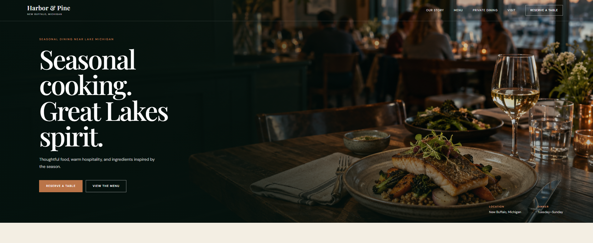 Harbor and Pine restaurant website preview