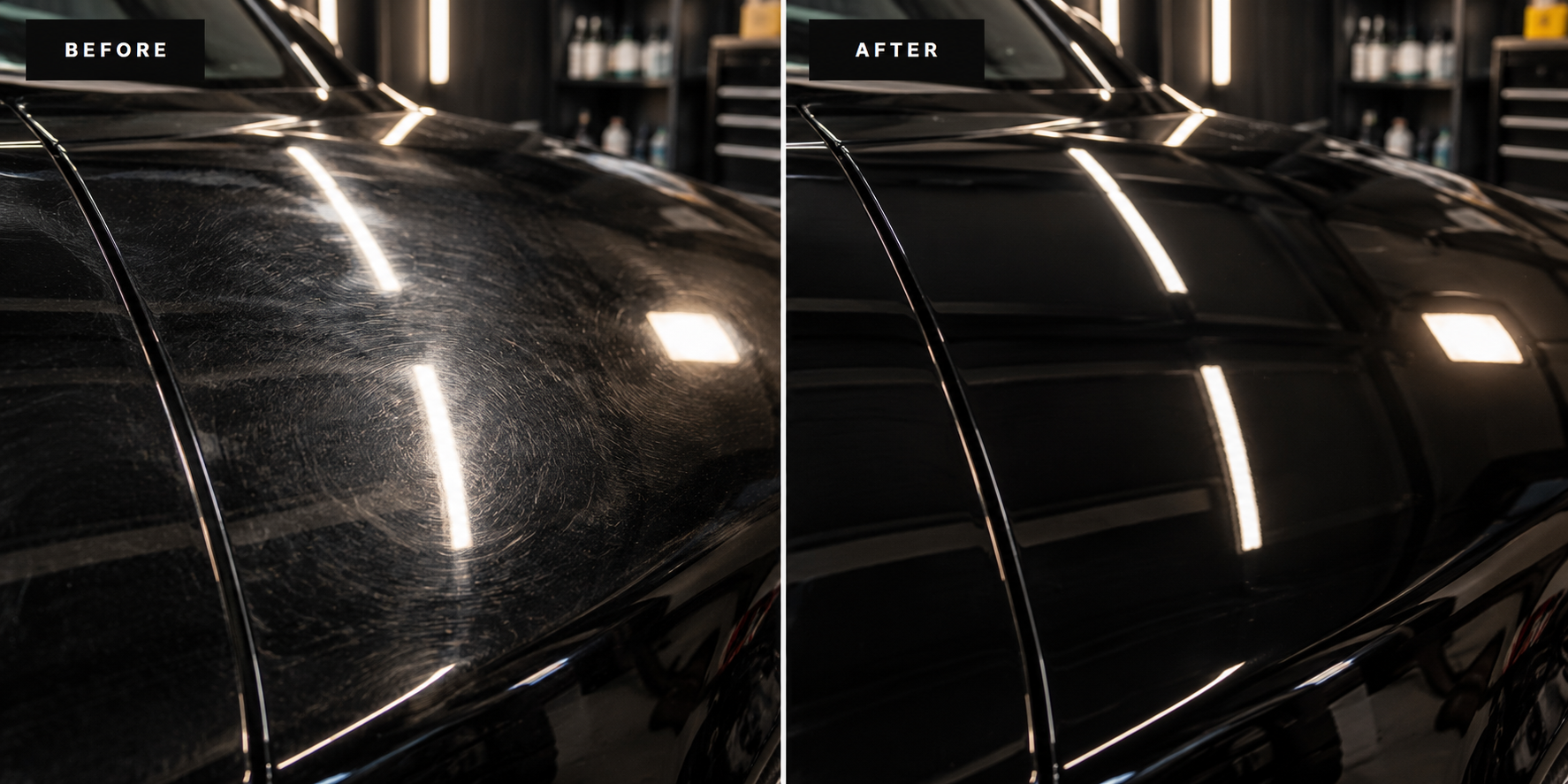Before and after comparison of black vehicle paint correction