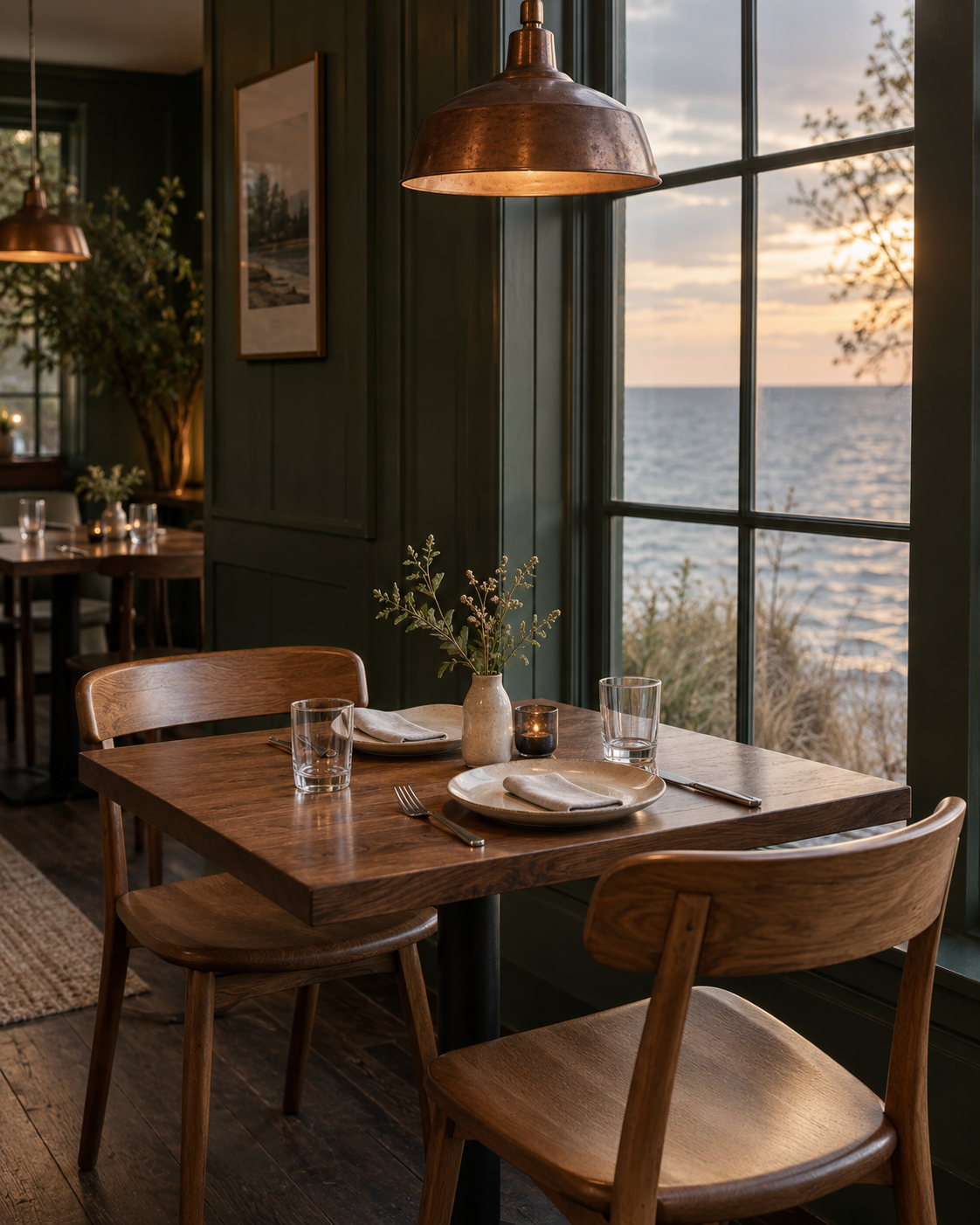 Warm dining room inside Harbor and Pine